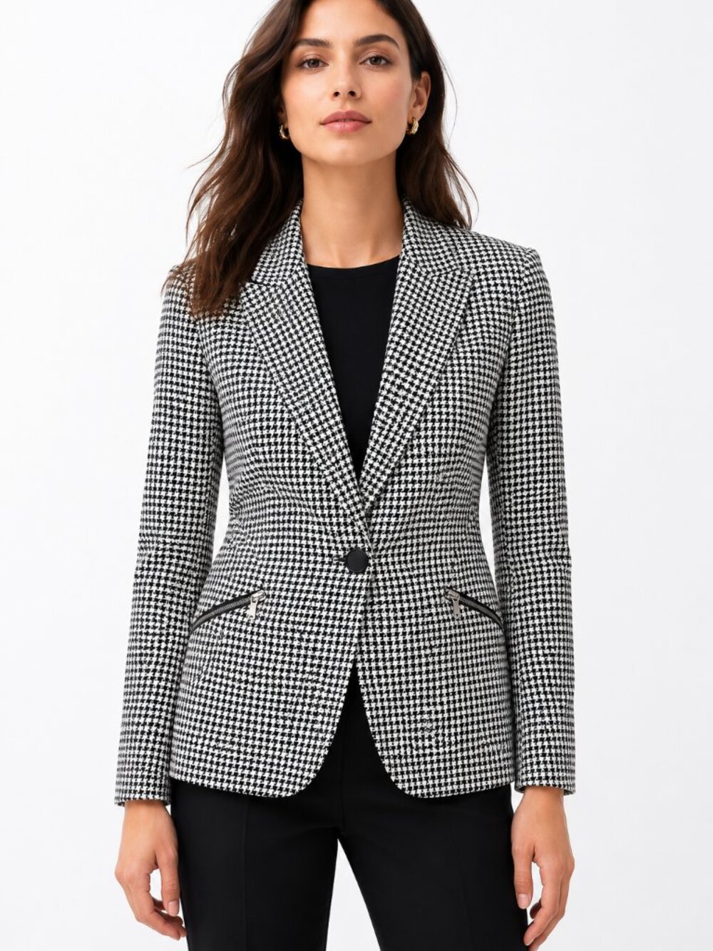 L'AGENCE Candra Zip Pocket Houndstooth Check Blazer Black Ivory Size 00 NWOT